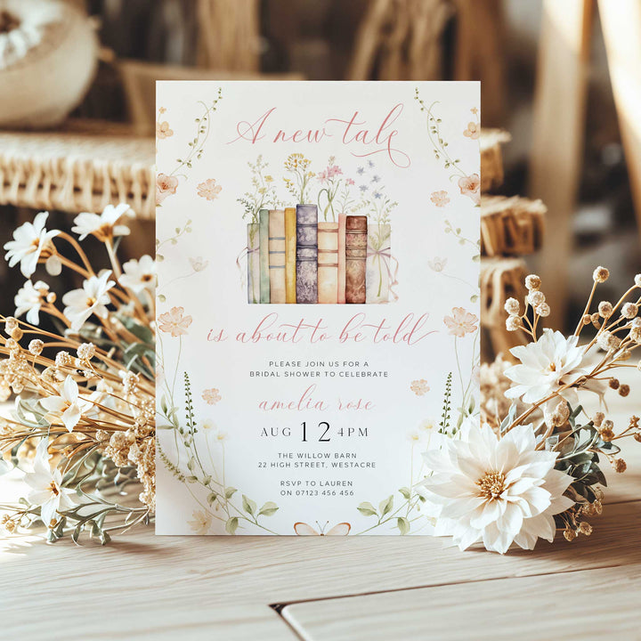 A New Chapter Begins Bridal Shower Invite, Editable Wildflower Book Themed Bachelorette Party Invite, Editable in Canva Her Next Chapter