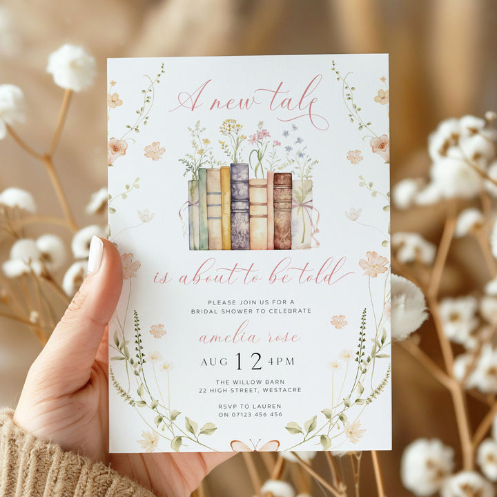 A New Chapter Begins Bridal Shower Invite, Editable Wildflower Book Themed Bachelorette Party Invite, Editable in Canva Her Next Chapter