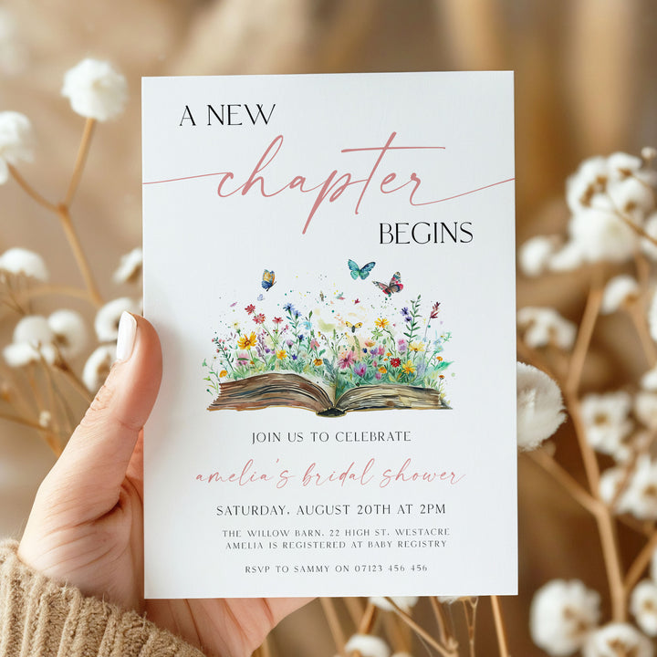 A New Chapter Bridal Shower Invite, Editable Book Themed Bachelorette Party Invitation, Editable in Canva Her Next Chapter Invitation