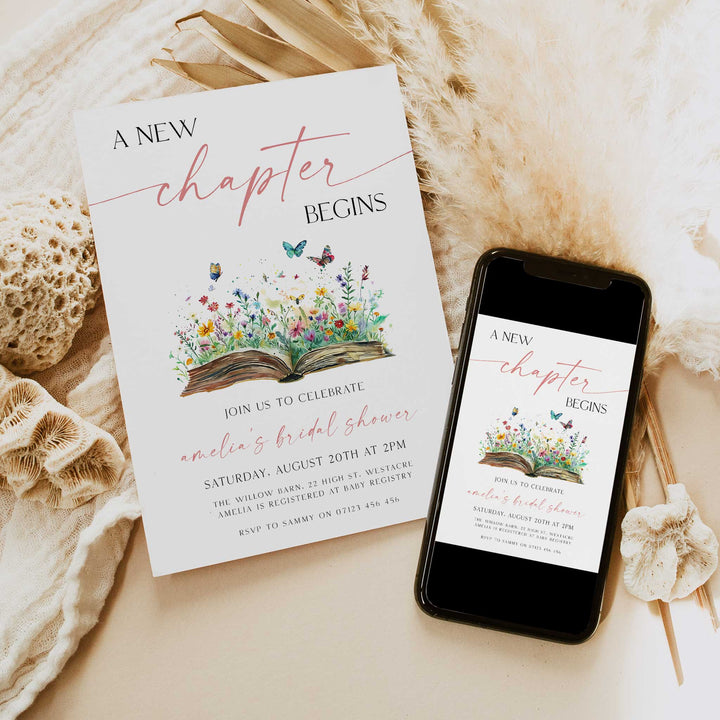 A New Chapter Bridal Shower Invite, Editable Book Themed Bachelorette Party Invitation, Editable in Canva Her Next Chapter Invitation