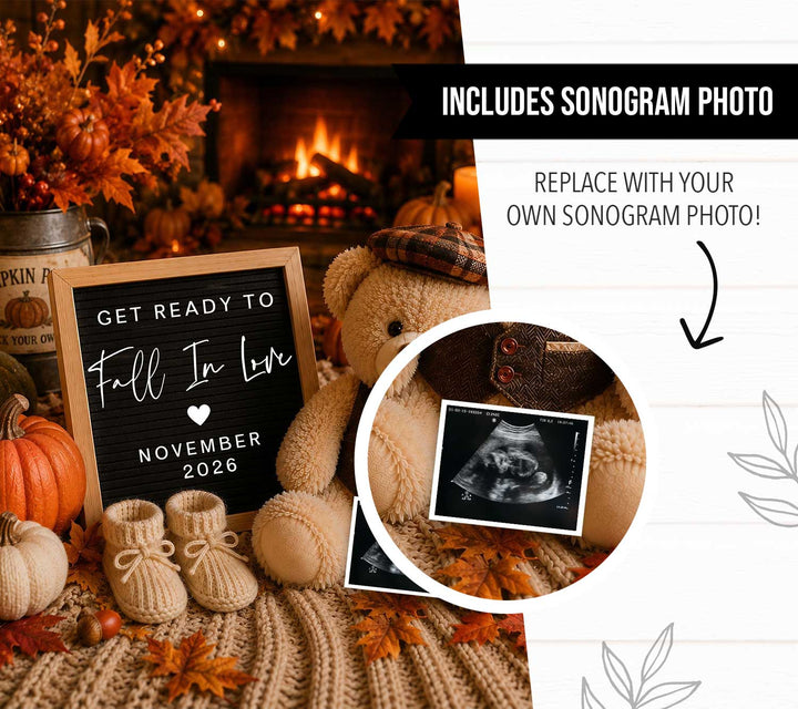 Cosy Fall Themed Digital Pregnancy Announcement editable template in Canva