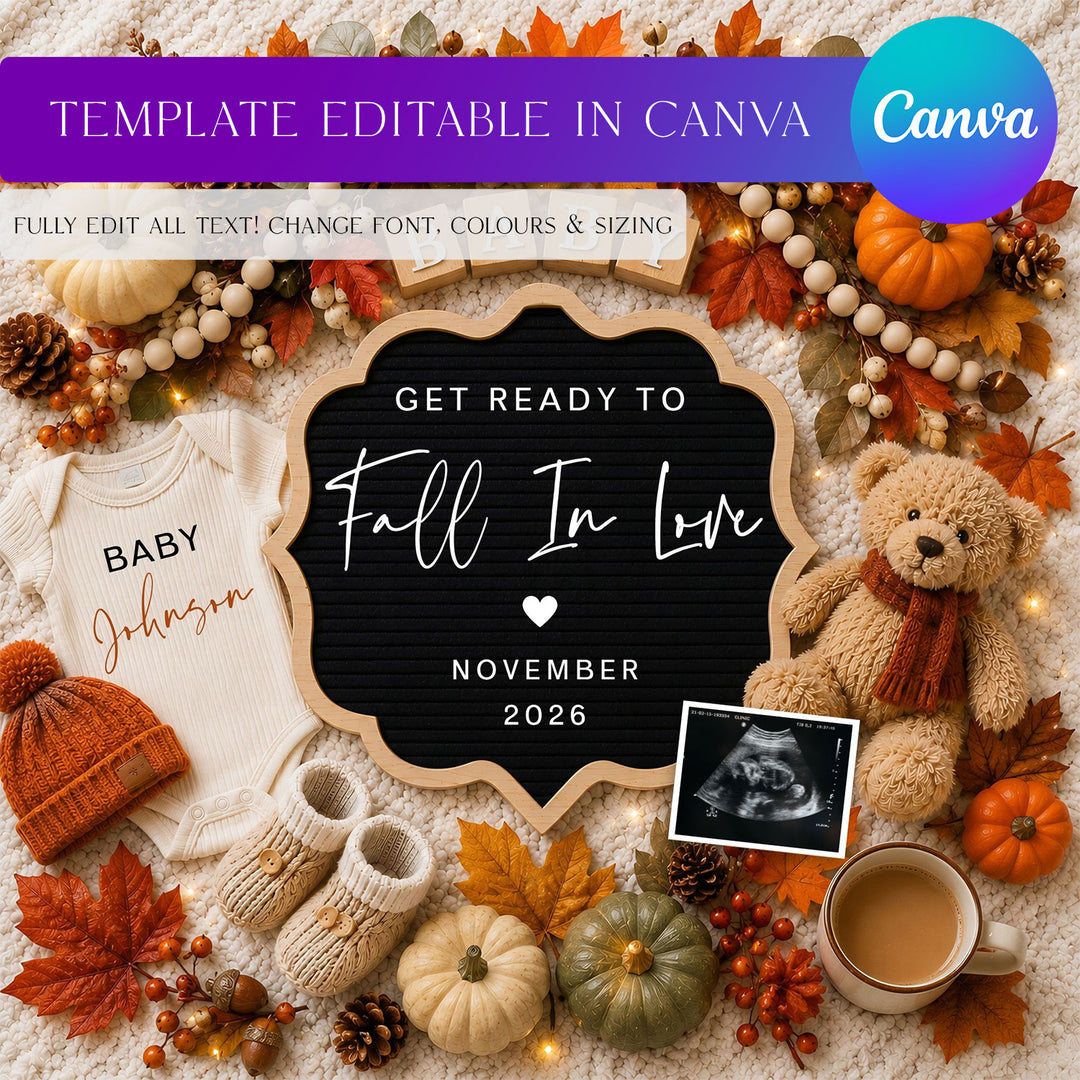 Fall Themed Digital Pregnancy Announcement editable template in Canva
