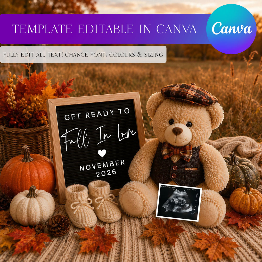 Bear In Field Fall Themed Pregnancy Announcement editable Canva template