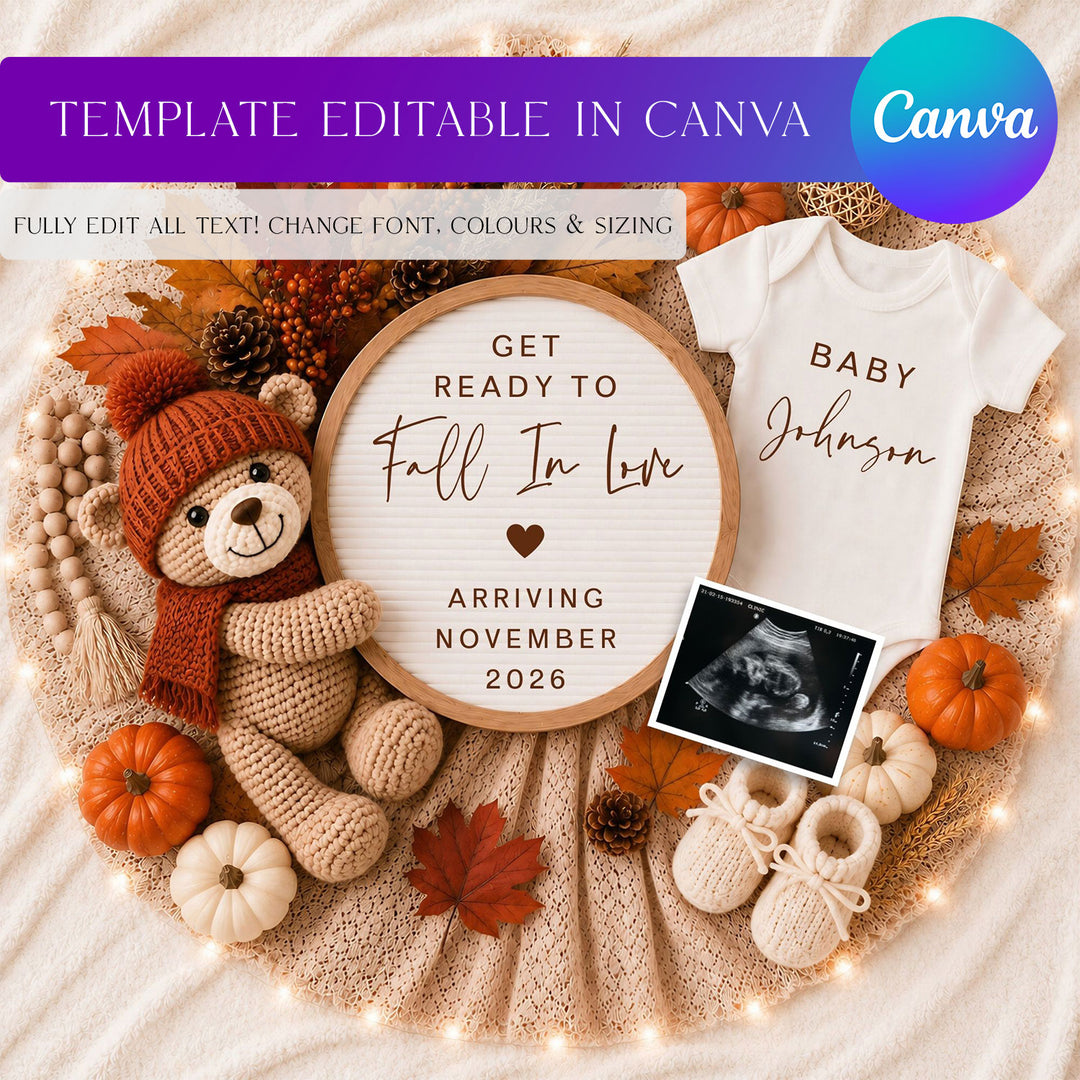 Autumnal Pregnancy Announcement editable Canva Template