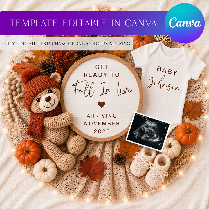 Autumnal Pregnancy Announcement editable Canva Template