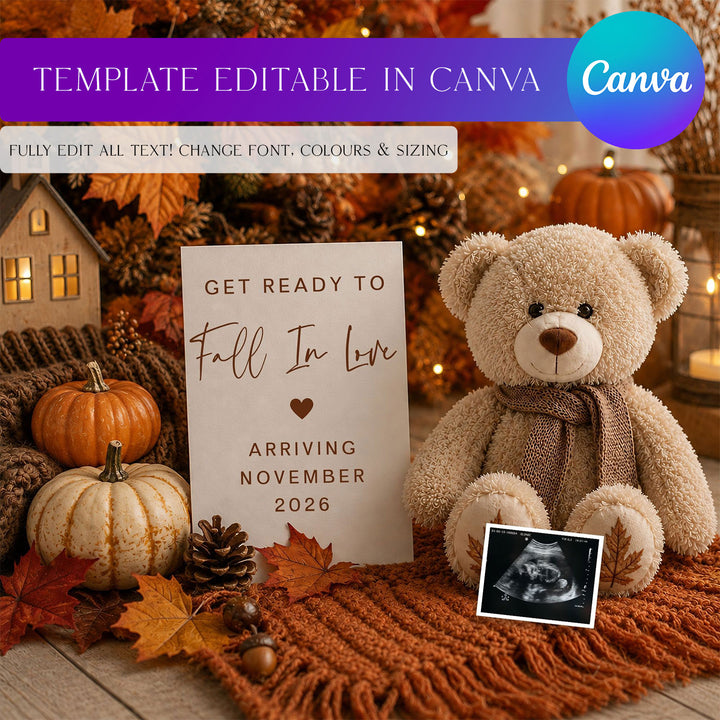 Teddy Bear Fall Themed Pregnancy Announcement as an editable Canva template