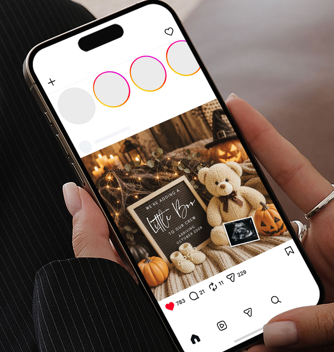 Halloween Bear Pregnancy Announcement editable social media post in Canva