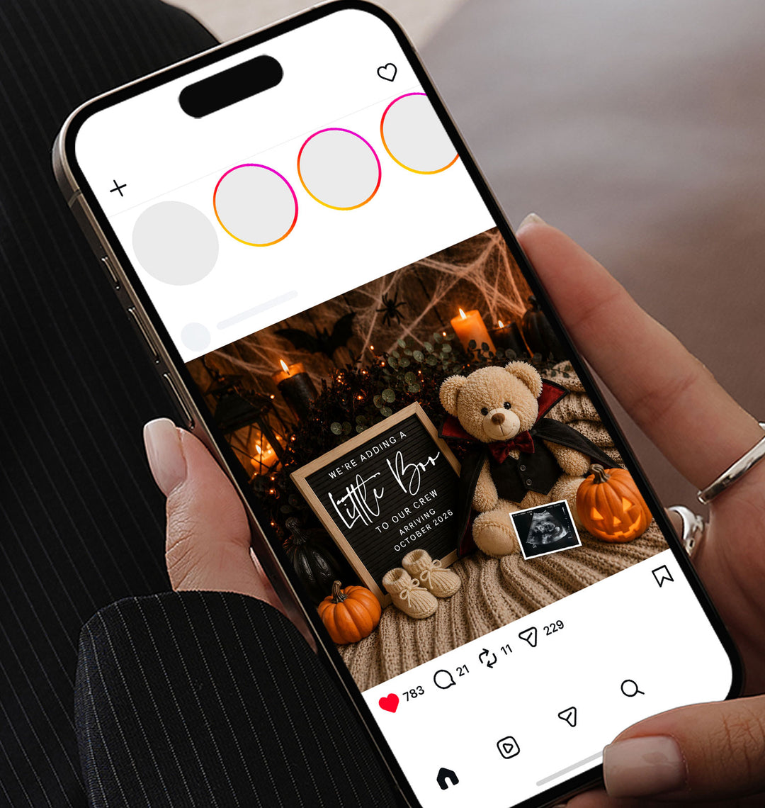 Halloween Dracula Bear Pregnancy Announcement editable Canva template