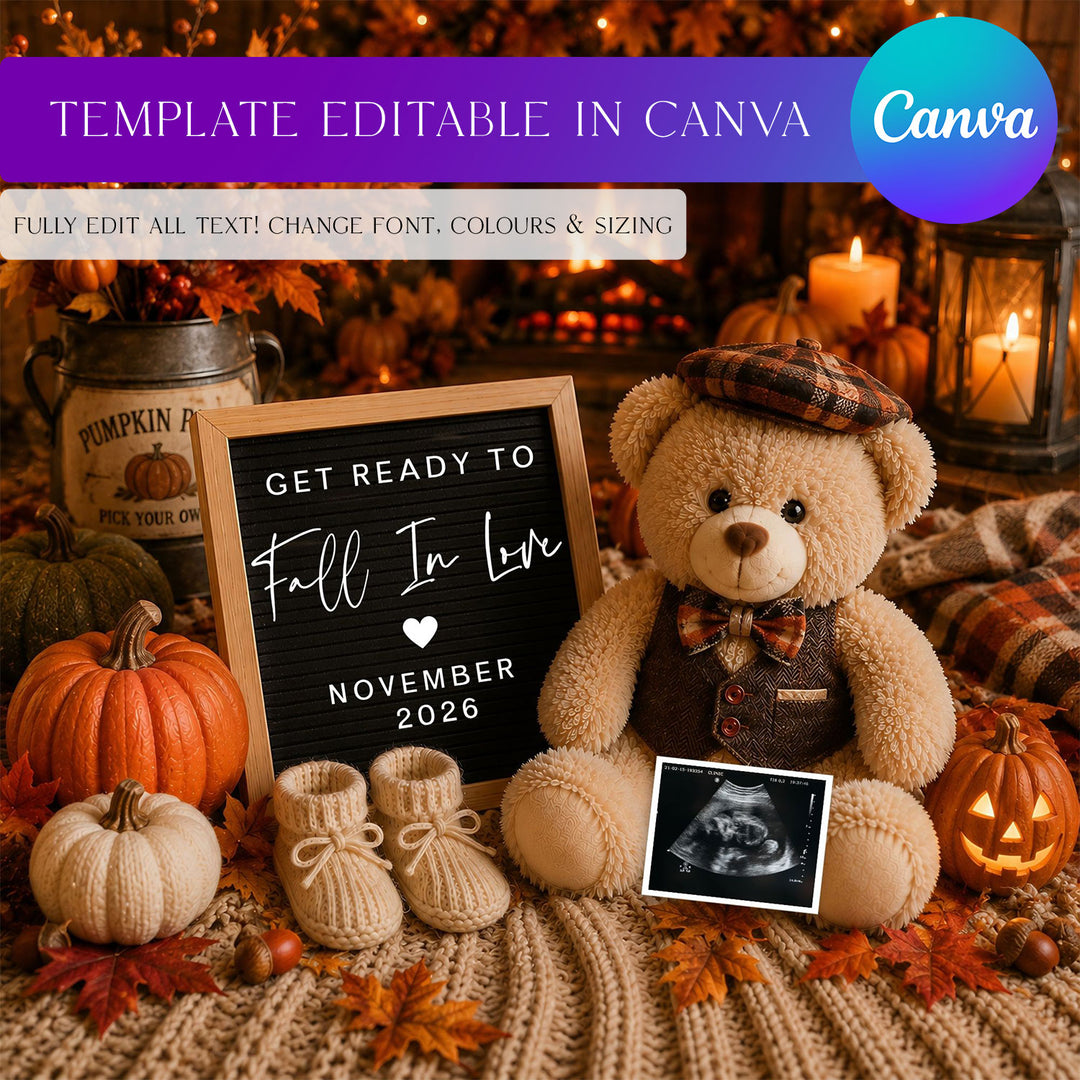Cosy Fall Themed Digital Pregnancy Announcement editable template in Canva