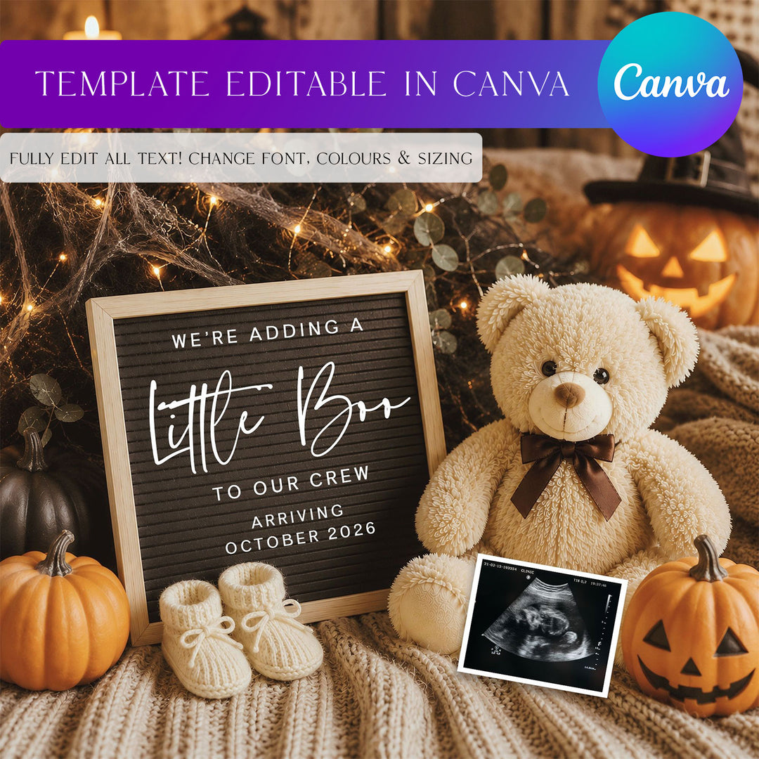 Halloween Bear Pregnancy Announcement editable social media post in Canva