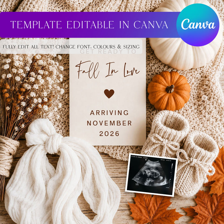 Fall Digital Pregnancy Announcement editable template with pumpkins and baby booties