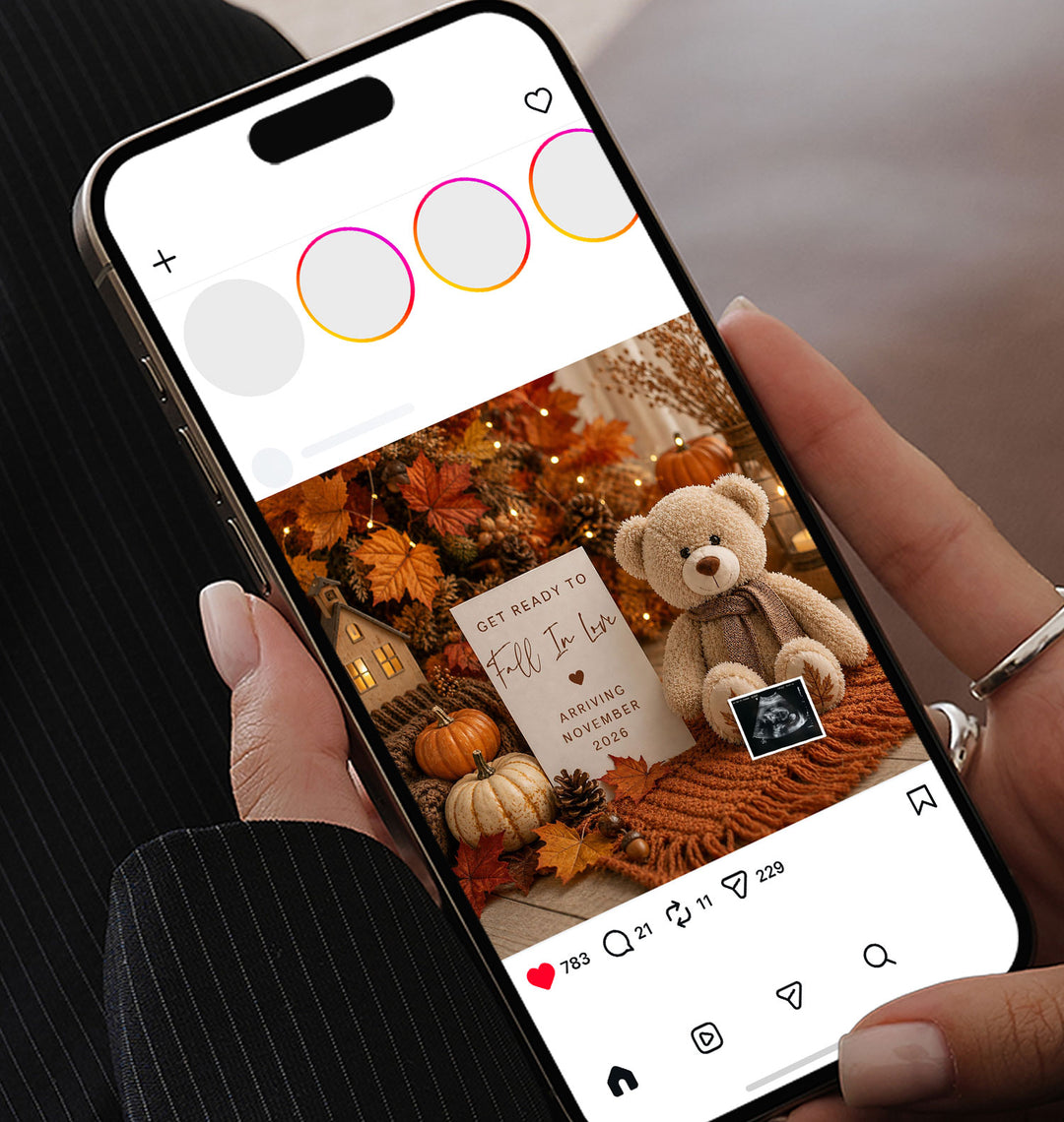 Teddy Bear Fall Themed Pregnancy Announcement as an editable Canva template