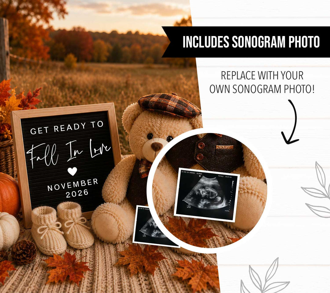 Bear In Field Fall Themed Pregnancy Announcement