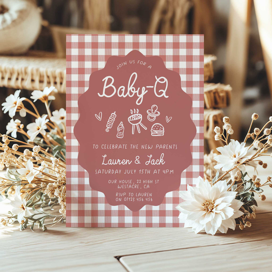 Baby Q Red Gingham Invitation Set
