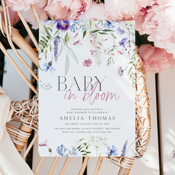 Purple Baby In Bloom Invitation