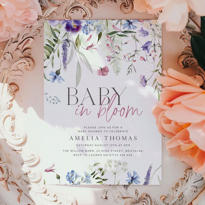 Purple Baby In Bloom Invitation