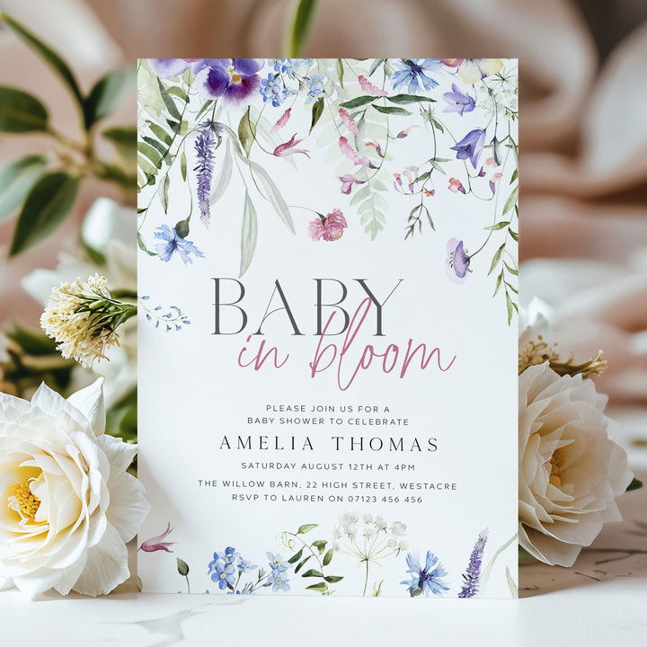 Purple Baby In Bloom Invitation