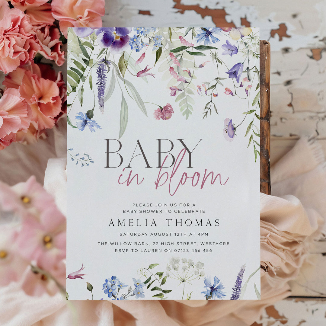 Purple Baby In Bloom Invitation