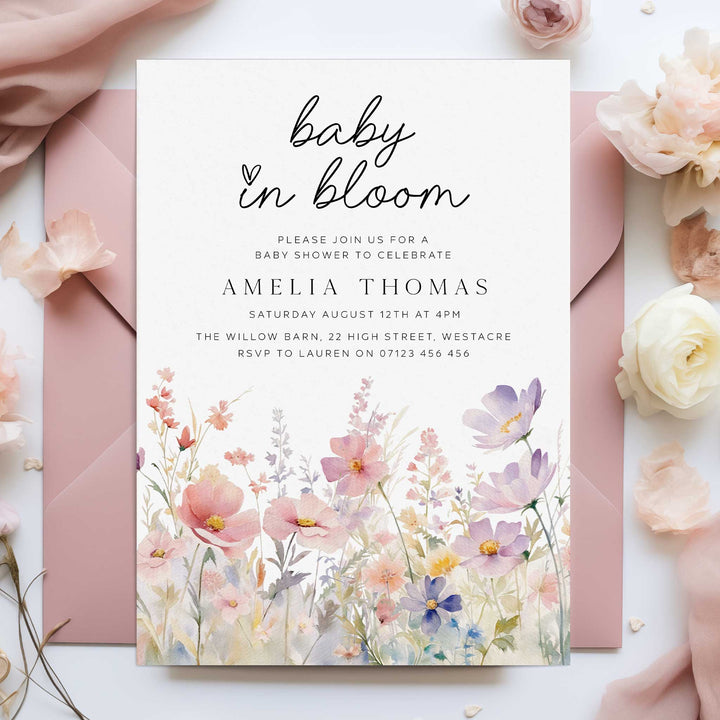 Pink Meadow Baby In Bloom Invitation