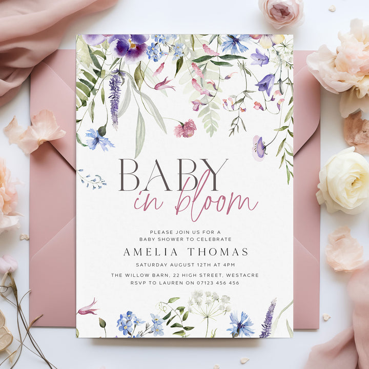 Purple Baby In Bloom Invitation