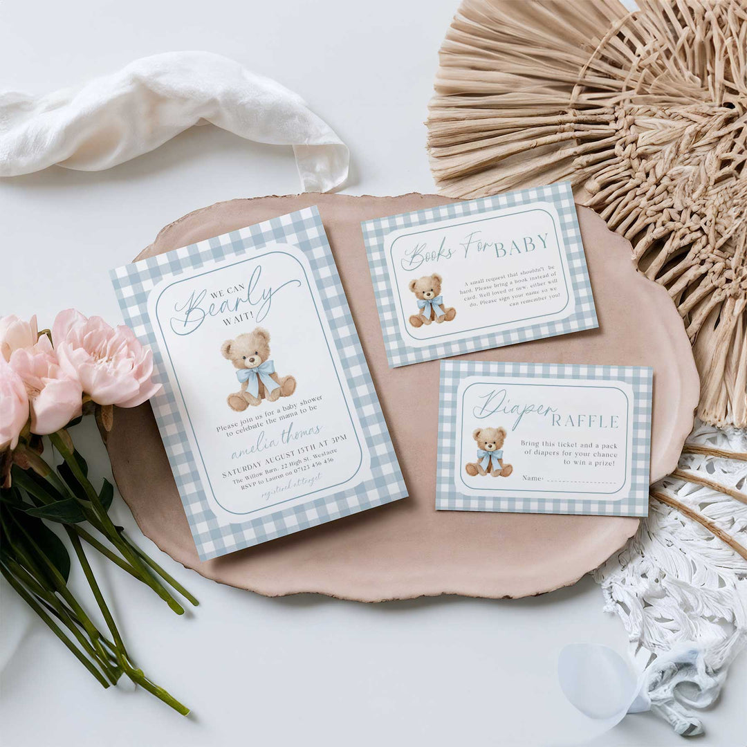 We Can Bearly Wait Blue Invitation Set
