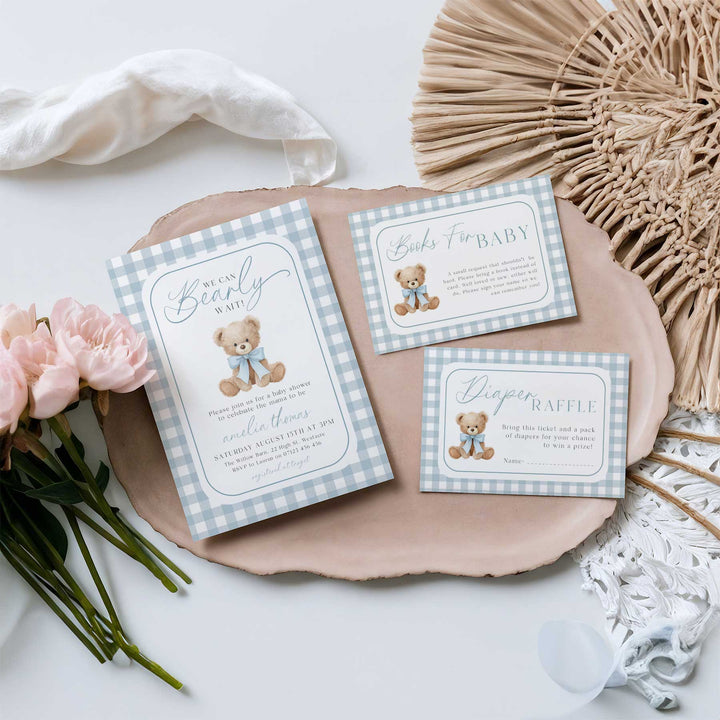 We Can Bearly Wait Blue Invitation Set