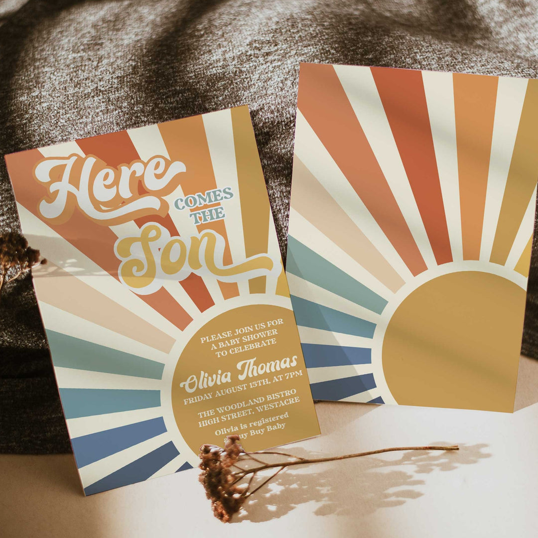 fully editable here comes the son baby shower invitation suite. The invitation comes in both 5x7 and mobile friendly.Featuring a beautiful sunburst style and funky retro font, this is a summer theme not to miss. 