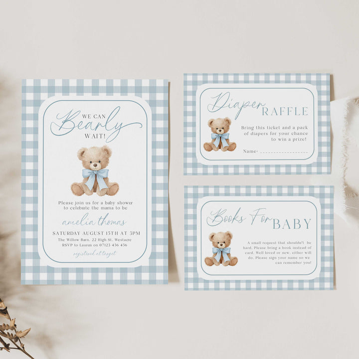 We Can Bearly Wait Blue Invitation Set