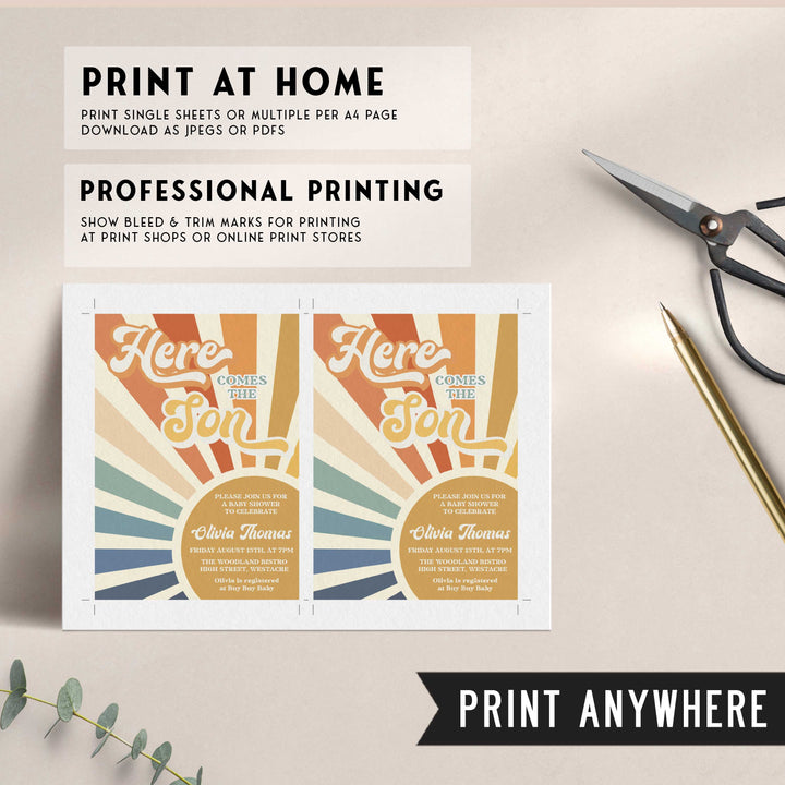fully editable here comes the son baby shower invitation suite. The invitation comes in both 5x7 and mobile friendly.Featuring a beautiful sunburst style and funky retro font, this is a summer theme not to miss. 