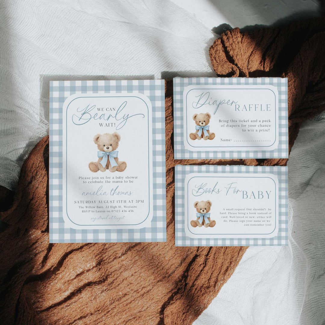 We Can Bearly Wait Blue Invitation Set