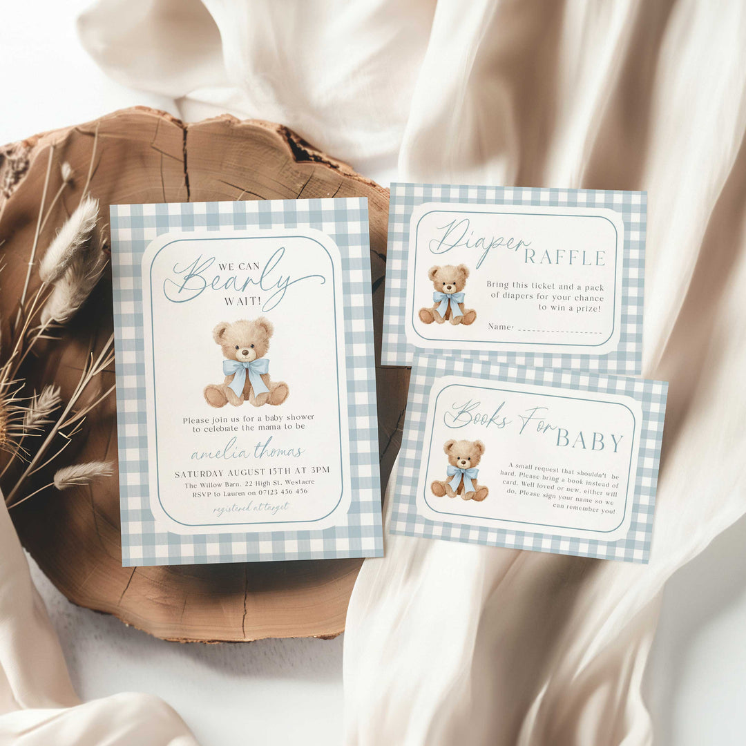 We Can Bearly Wait Blue Invitation Set