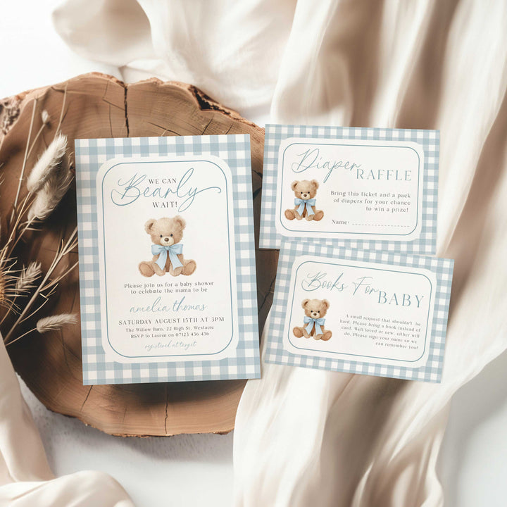 We Can Bearly Wait Blue Invitation Set