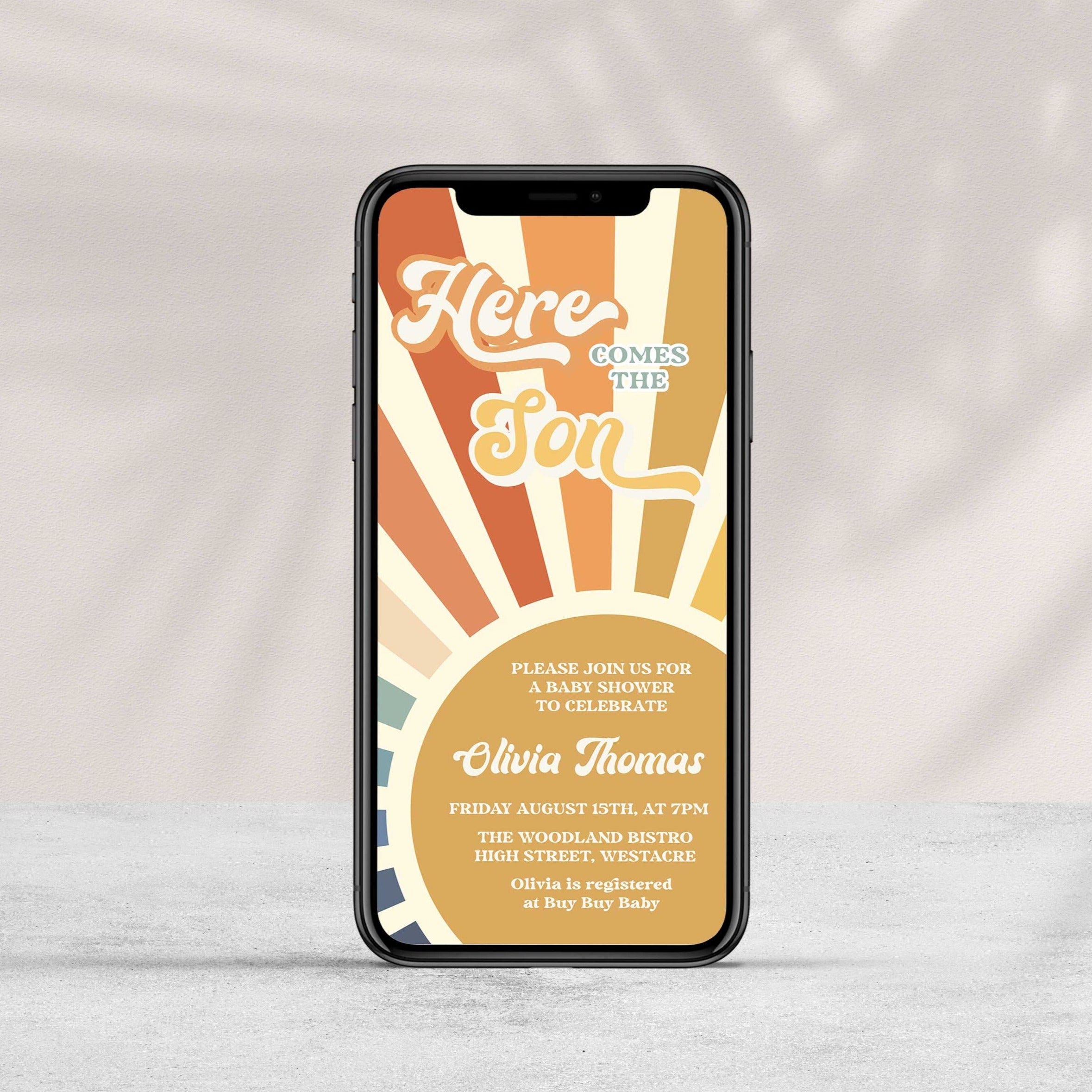 fully editable here comes the son baby shower invitation suite. The invitation comes in both 5x7 and mobile friendly.Featuring a beautiful sunburst style and funky retro font, this is a summer theme not to miss. 