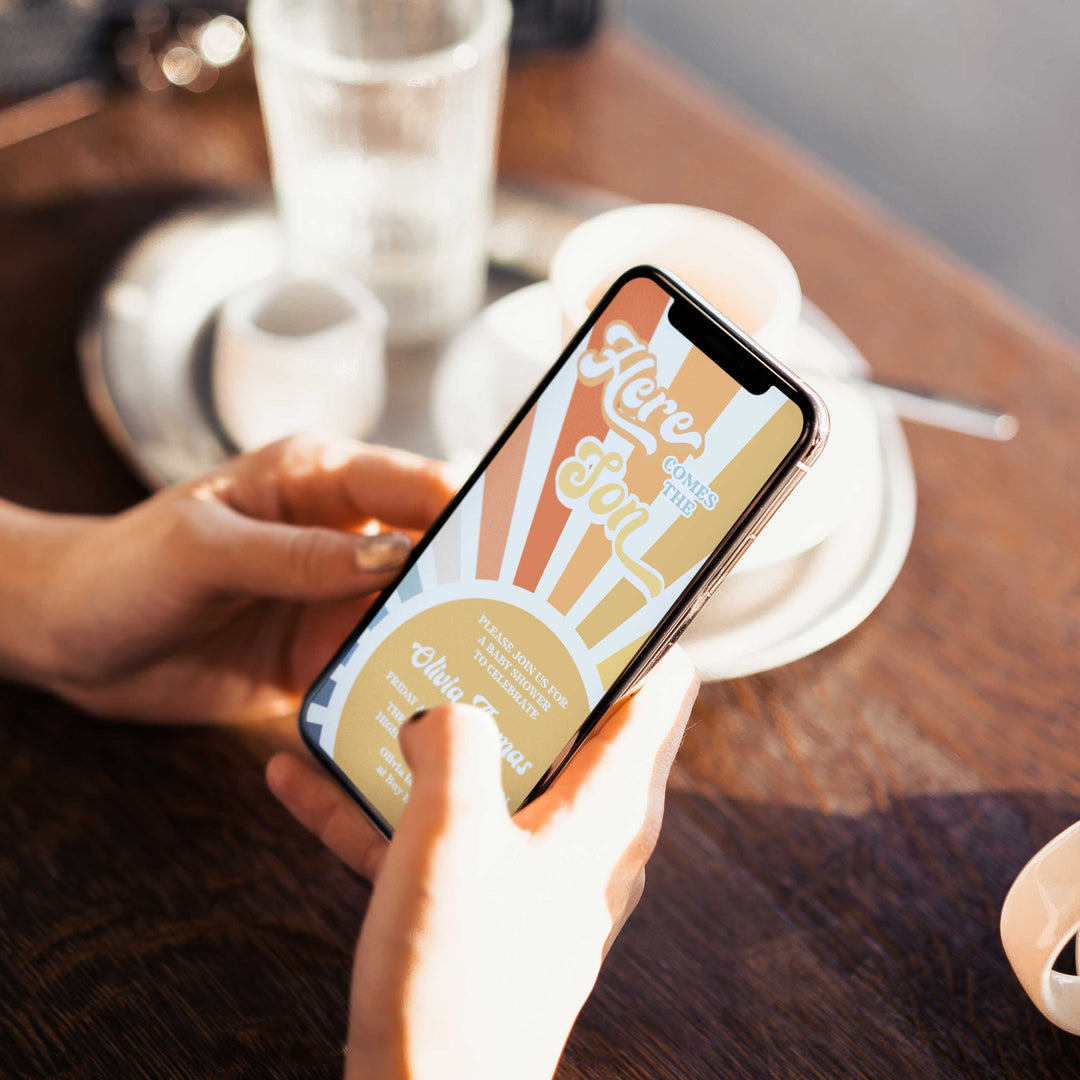 fully editable here comes the son baby shower invitation suite. The invitation comes in both 5x7 and mobile friendly.Featuring a beautiful sunburst style and funky retro font, this is a summer theme not to miss. 