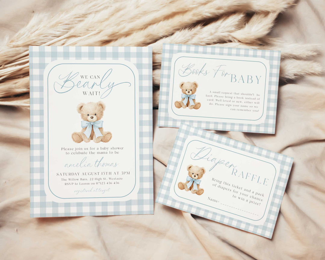 We Can Bearly Wait Blue Invitation Set