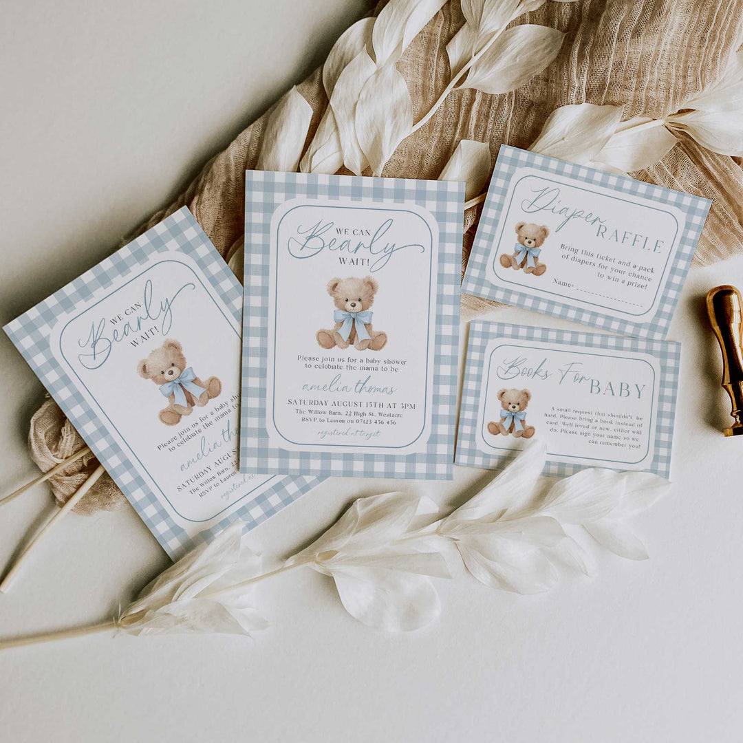 We Can Bearly Wait Blue Invitation Set
