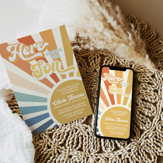 fully editable here comes the son baby shower invitation suite. The invitation comes in both 5x7 and mobile friendly.Featuring a beautiful sunburst style and funky retro font, this is a summer theme not to miss. 