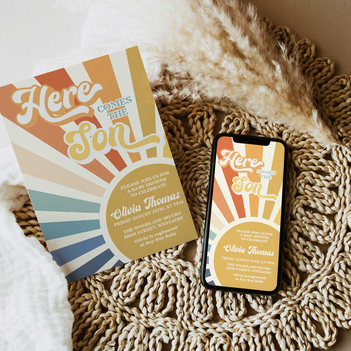 here comes the son baby shower party bundle. Fully editable and includes items such as invitations, welcome signs, thank you tags, guess the baby birthday game, 60 baby shower games, and more. All are fully editable