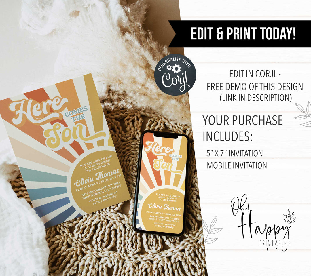 fully editable here comes the son baby shower invitation suite. The invitation comes in both 5x7 and mobile friendly.Featuring a beautiful sunburst style and funky retro font, this is a summer theme not to miss. 