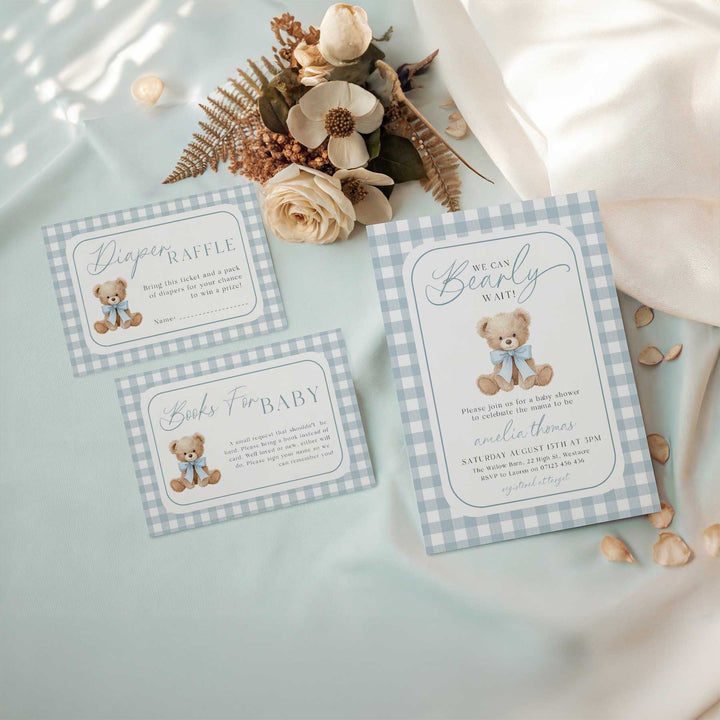 We Can Bearly Wait Blue Invitation Set