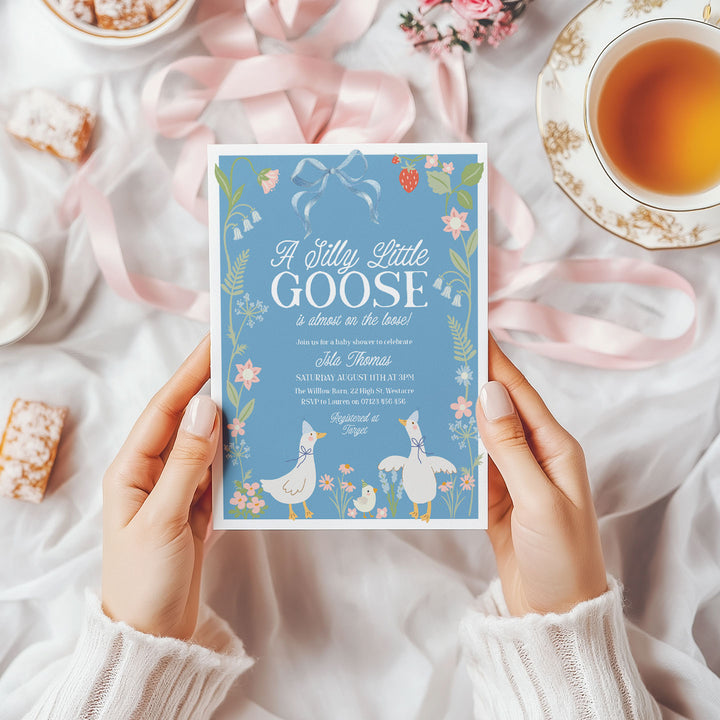 Blue Bow Silly Goose Baby Shower Invitation