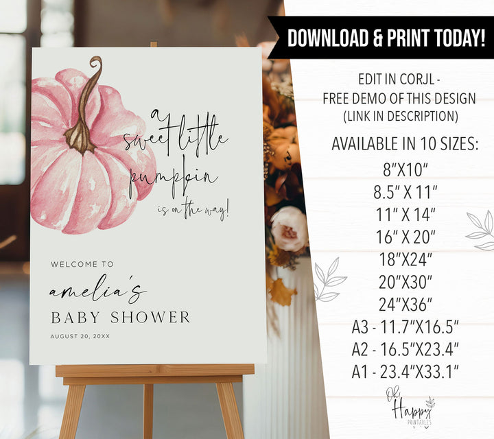 Pink Little Pumpkin Baby Shower Welcome Sign