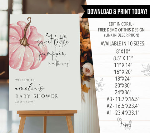 Pink Little Pumpkin Baby Shower Welcome Sign