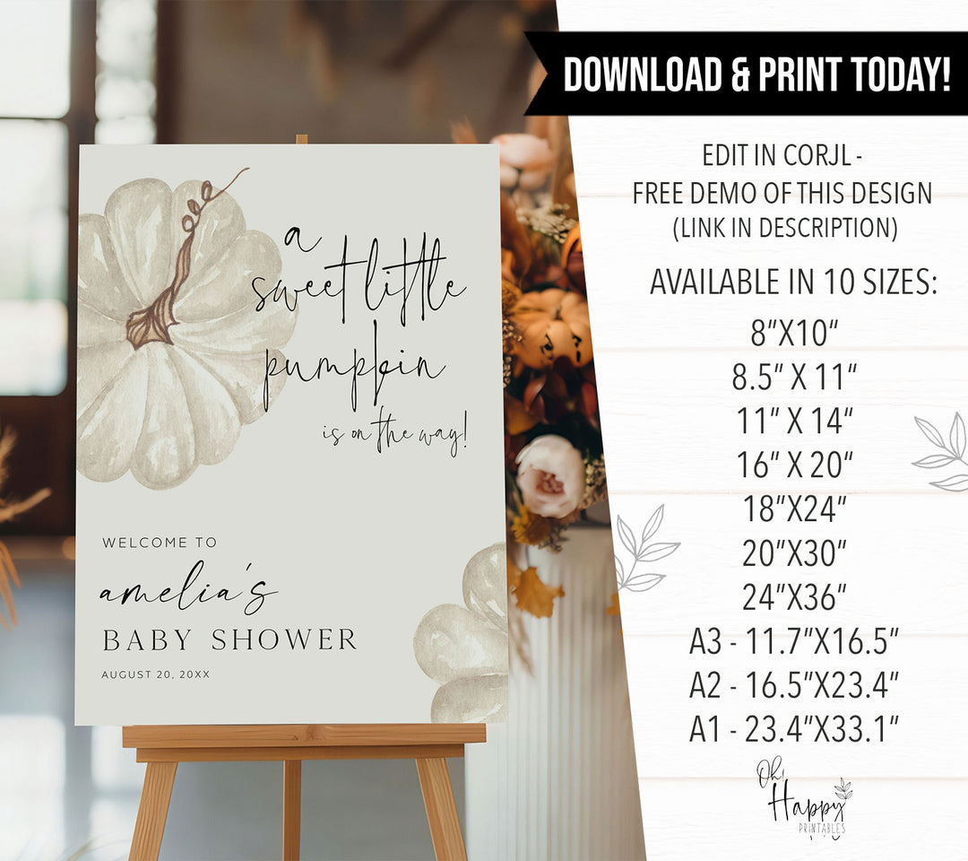 Neutral Little Pumpkin Baby Shower Welcome Sign
