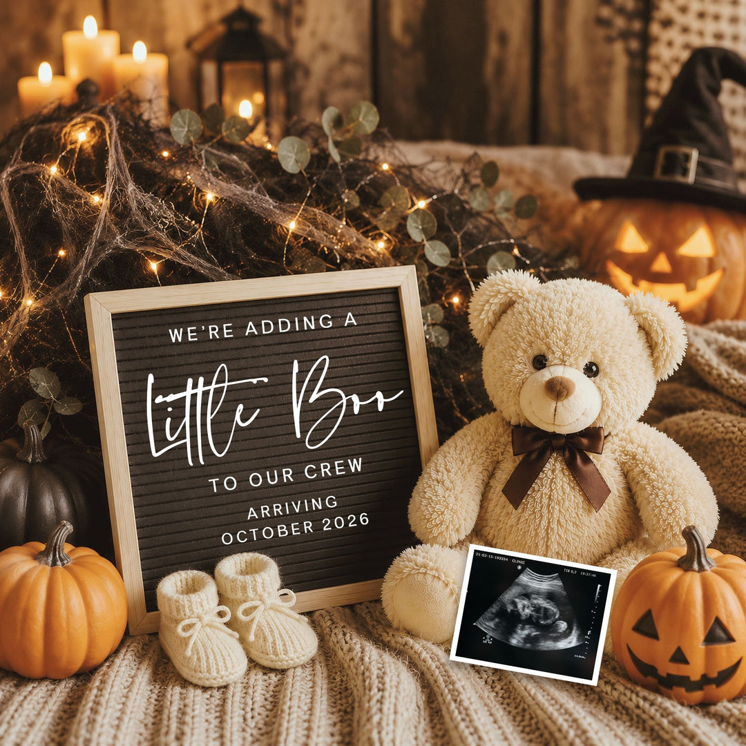 Halloween Bear Pregnancy Announcement editable social media post in Canva