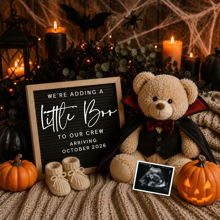 Halloween Dracula Bear Pregnancy Announcement editable Canva template