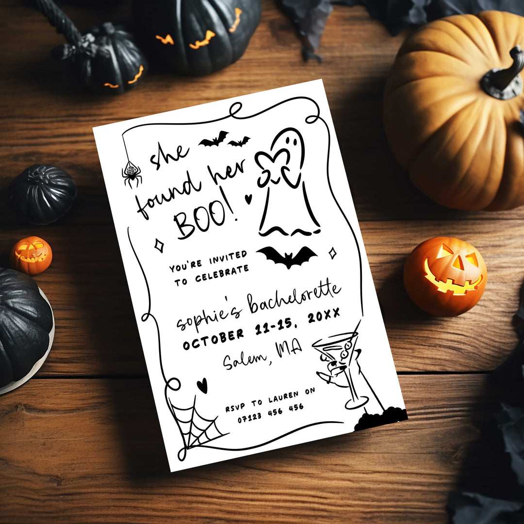 Spooky bride-themed invitation for fall showers and Halloween bachelorette parties, editable digital download