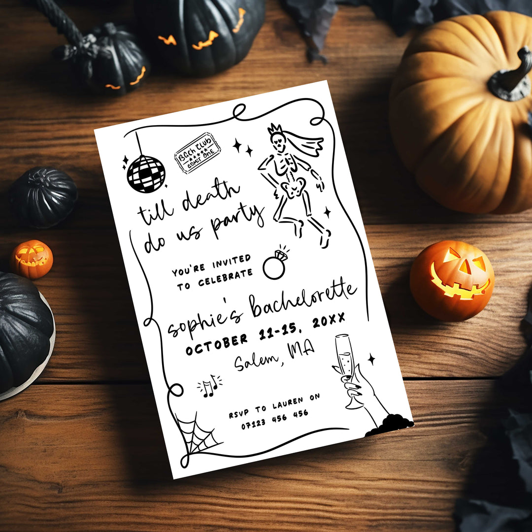 Digital gothic bridal party invitation with dancing skeleton illustration and festive champagne glass graphic