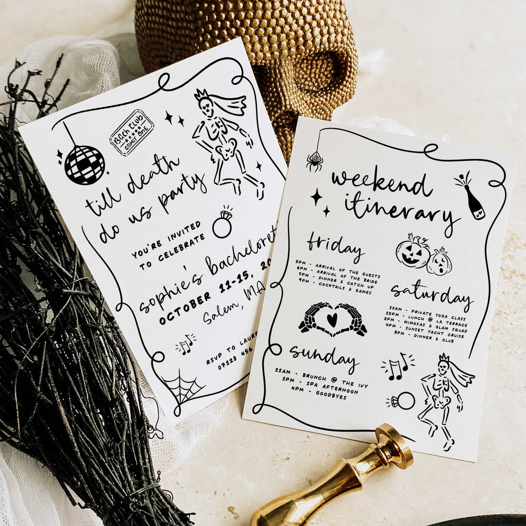 Spooky skeleton bachelorette invitation design, great for bridesmaids planning October or Halloween-themed parties