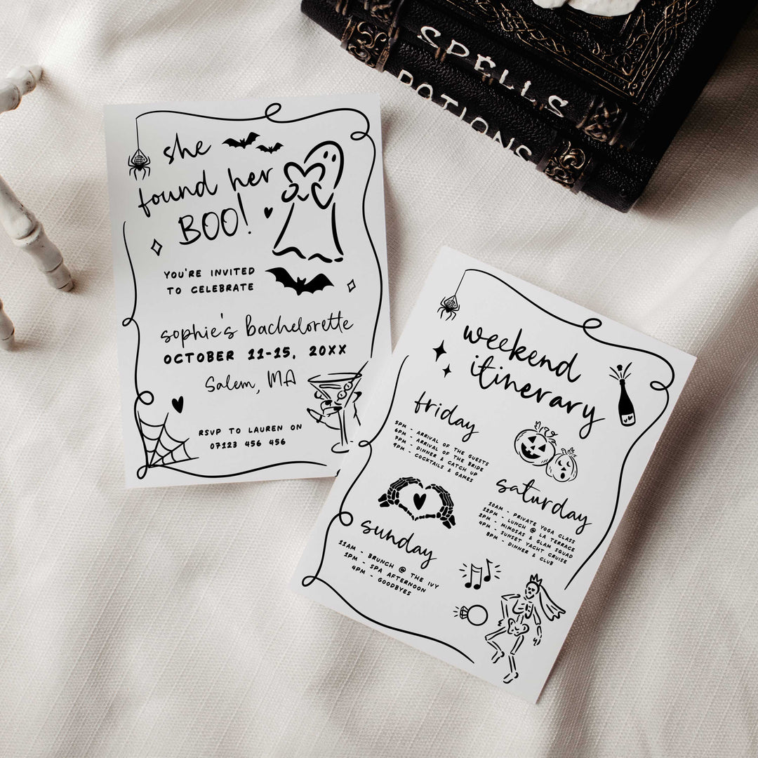 Canva editable Halloween invitation featuring spooky ghost artwork for bachelorette or shower party use